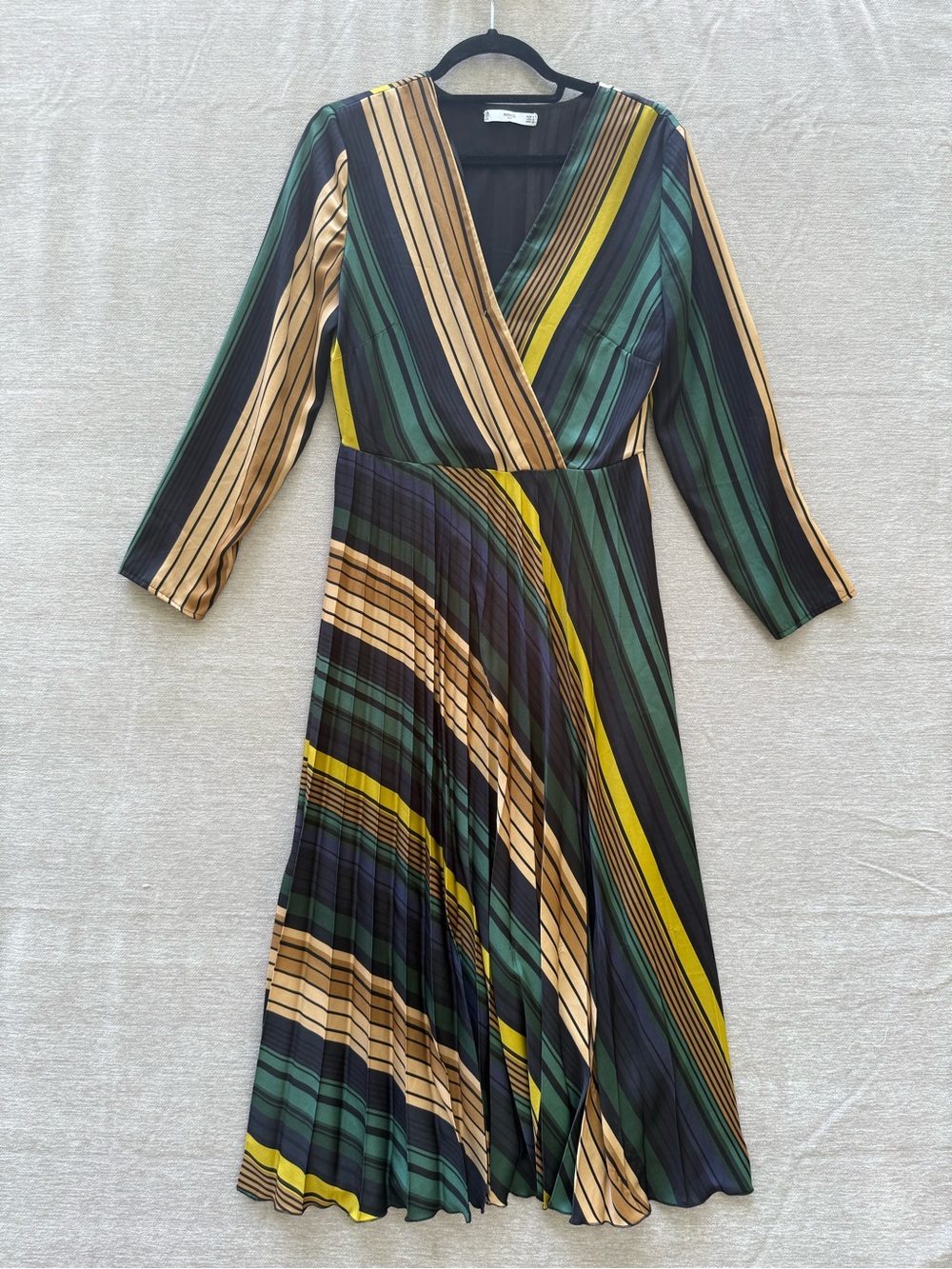 MNG Mango Suit Striped‎ Pleated Wrap Midi Dress Green Yellow Long Sleeve Size S - Picture 2 of 8